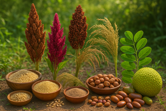 Illustration of diverse crops in arid environment